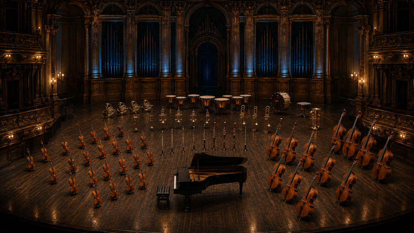 Virtual orchestra stage layout — fortepiano at the soloist position, strings, woodwinds, brass and percussion arranged around it